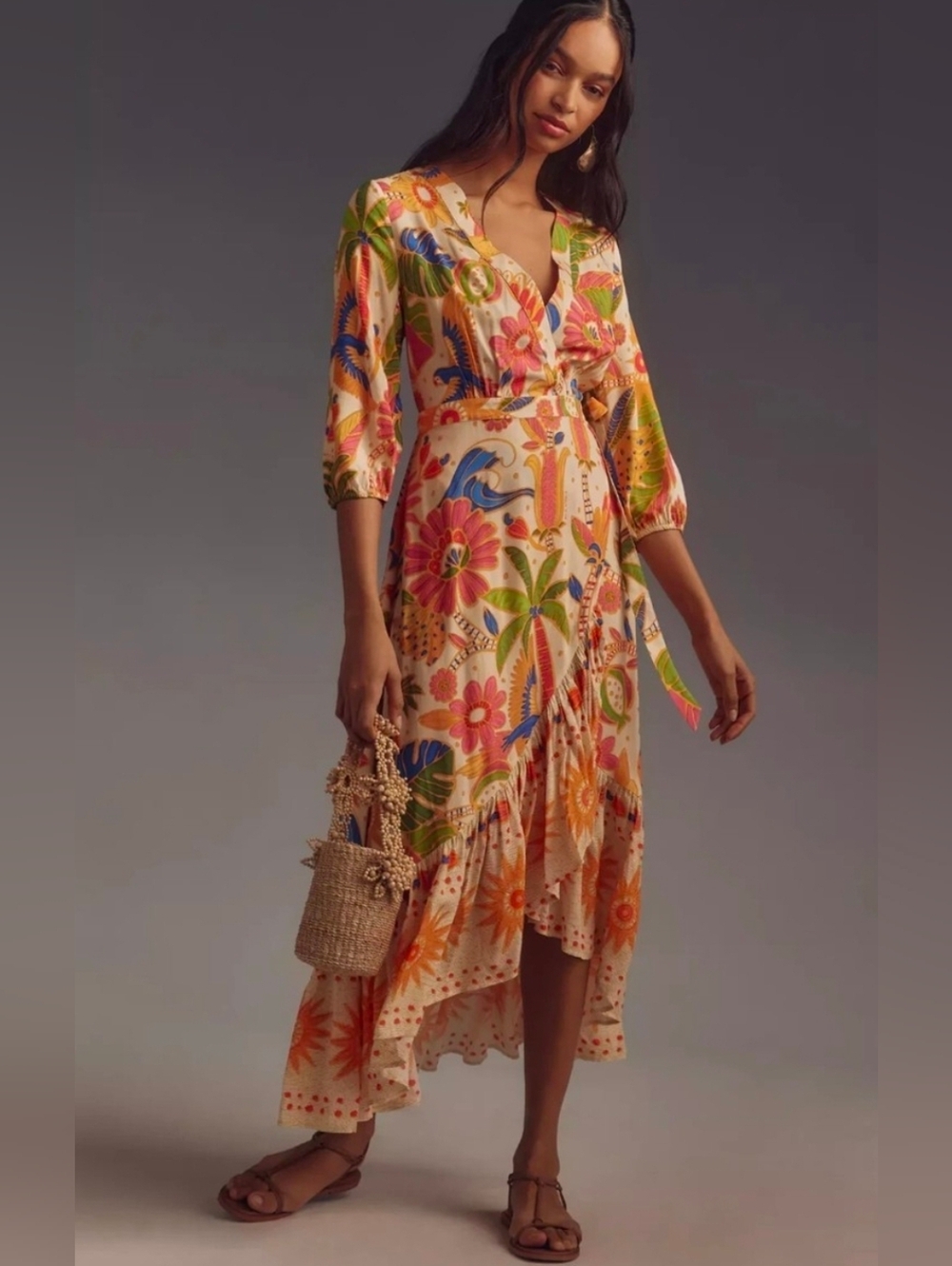 FARM Rio light yellow Multicolor,Flowy, Wrap High-Low Dress New w/tags.